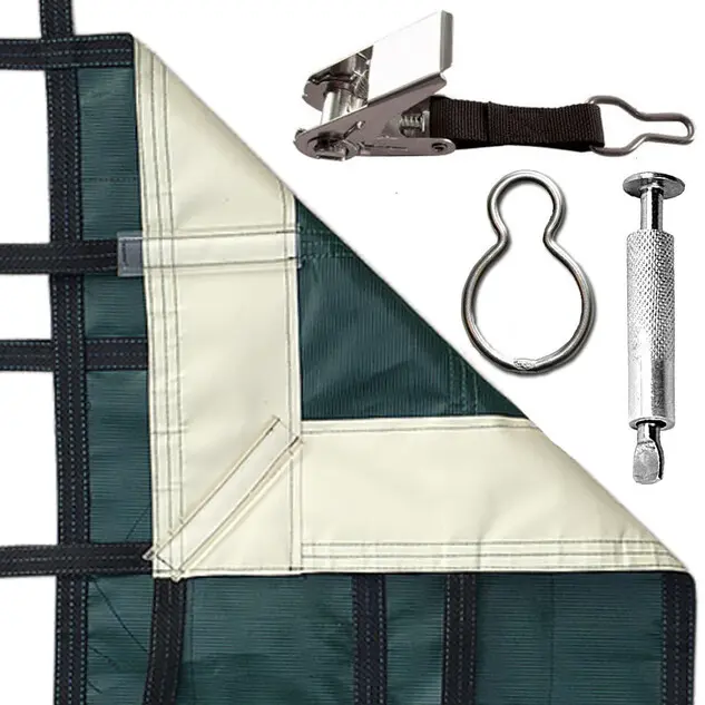 Bâche d'hivernage filet Blizzard Super Luxe, le coin, le cliquet inox et le piton douille