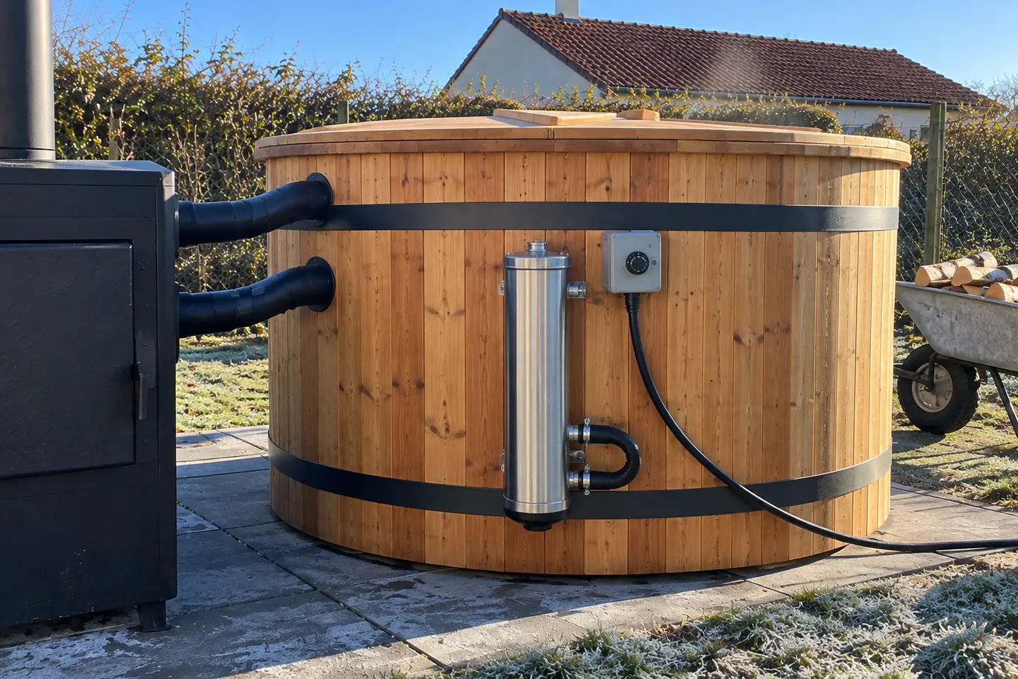 La cartouche électrique en inox fixée au bain, à côté des tuyaux du poêle