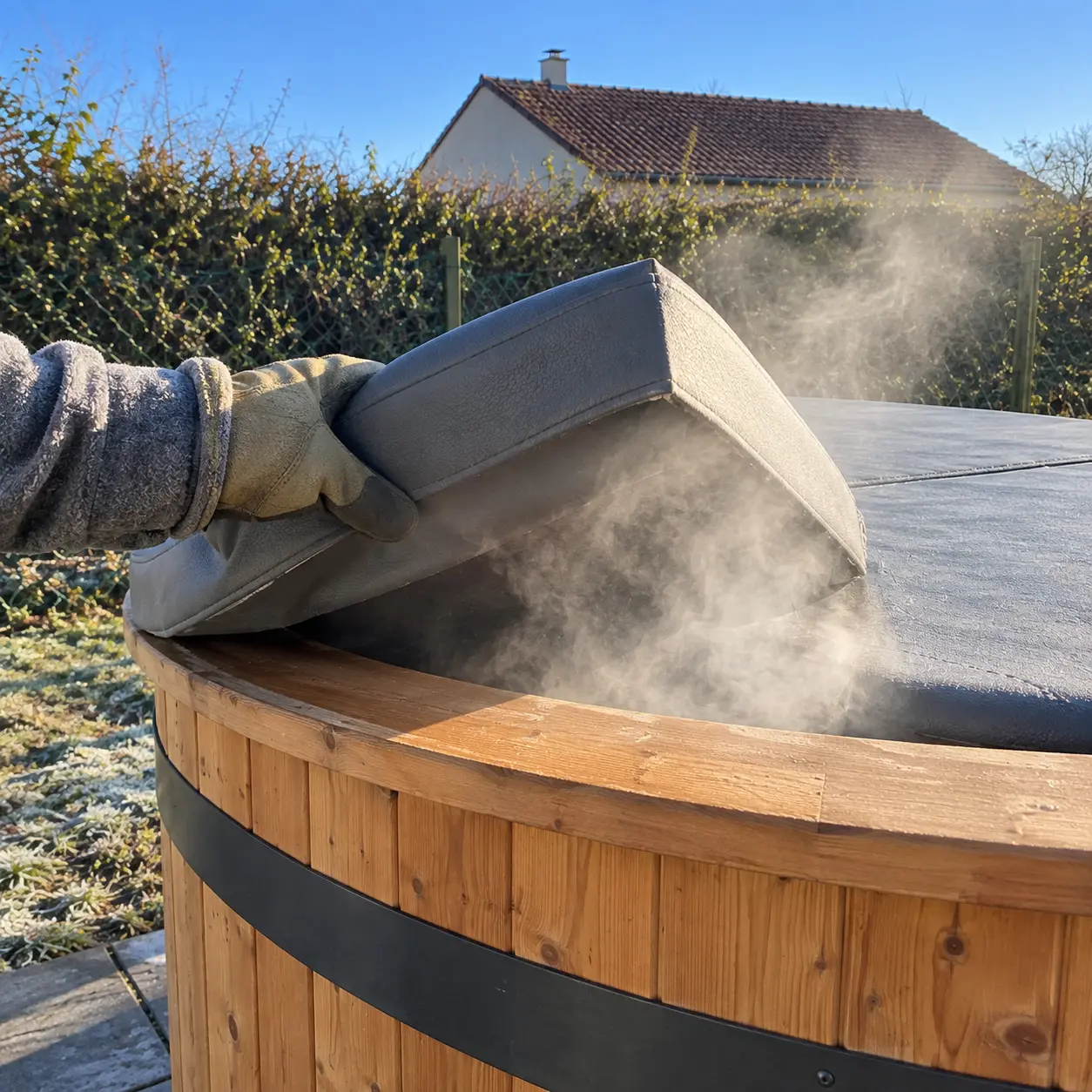 Le coin du couvercle isolant soulevé d'une main, son épaisseur, la vapeur qui sort