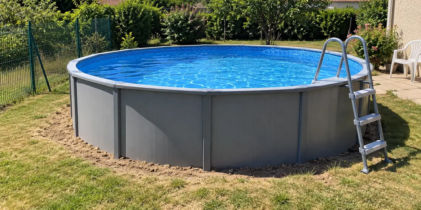 Une piscine hors sol ronde à paroi d'acier sur la pelouse d'un jardin, en plein soleil