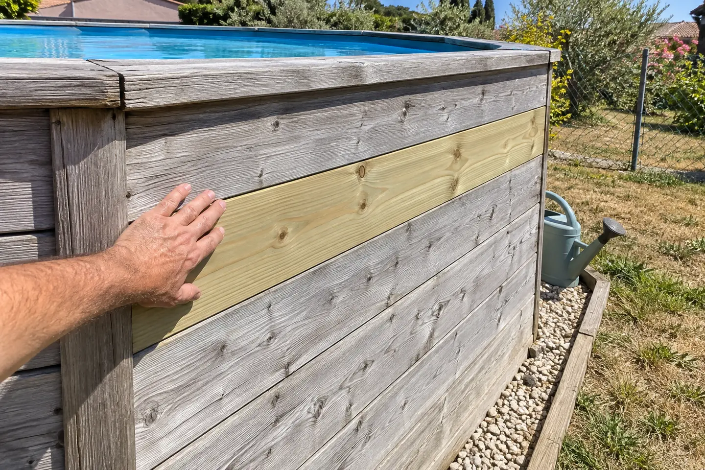 Un madrier neuf, encore clair, parmi les lames grisées d'une piscine bois