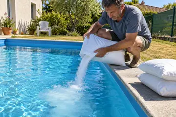 Un propriétaire vide un sac de sel dans sa piscine enterrée, au bord de la margelle