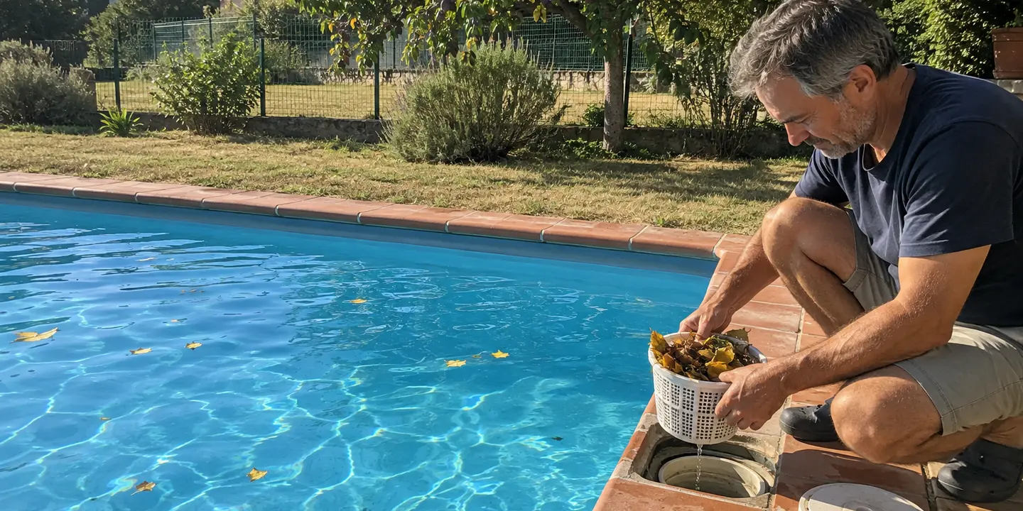 Un homme accroupi au bord de la piscine sort le panier du skimmer plein de feuilles