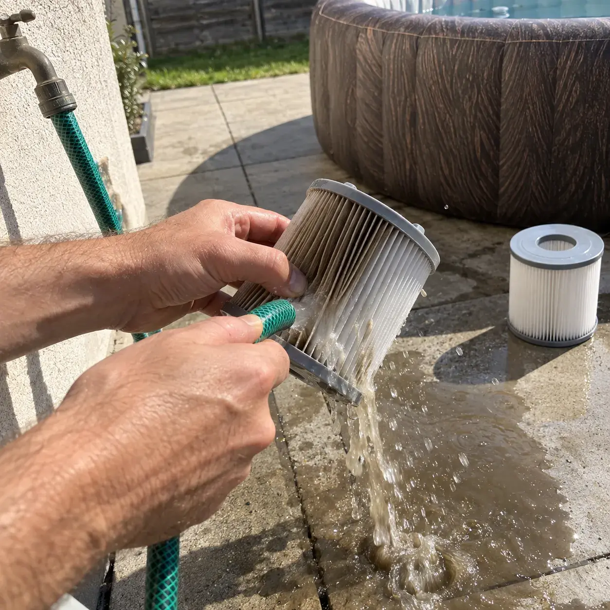 Une cartouche de filtration rincée au jet, les plis écartés au pouce