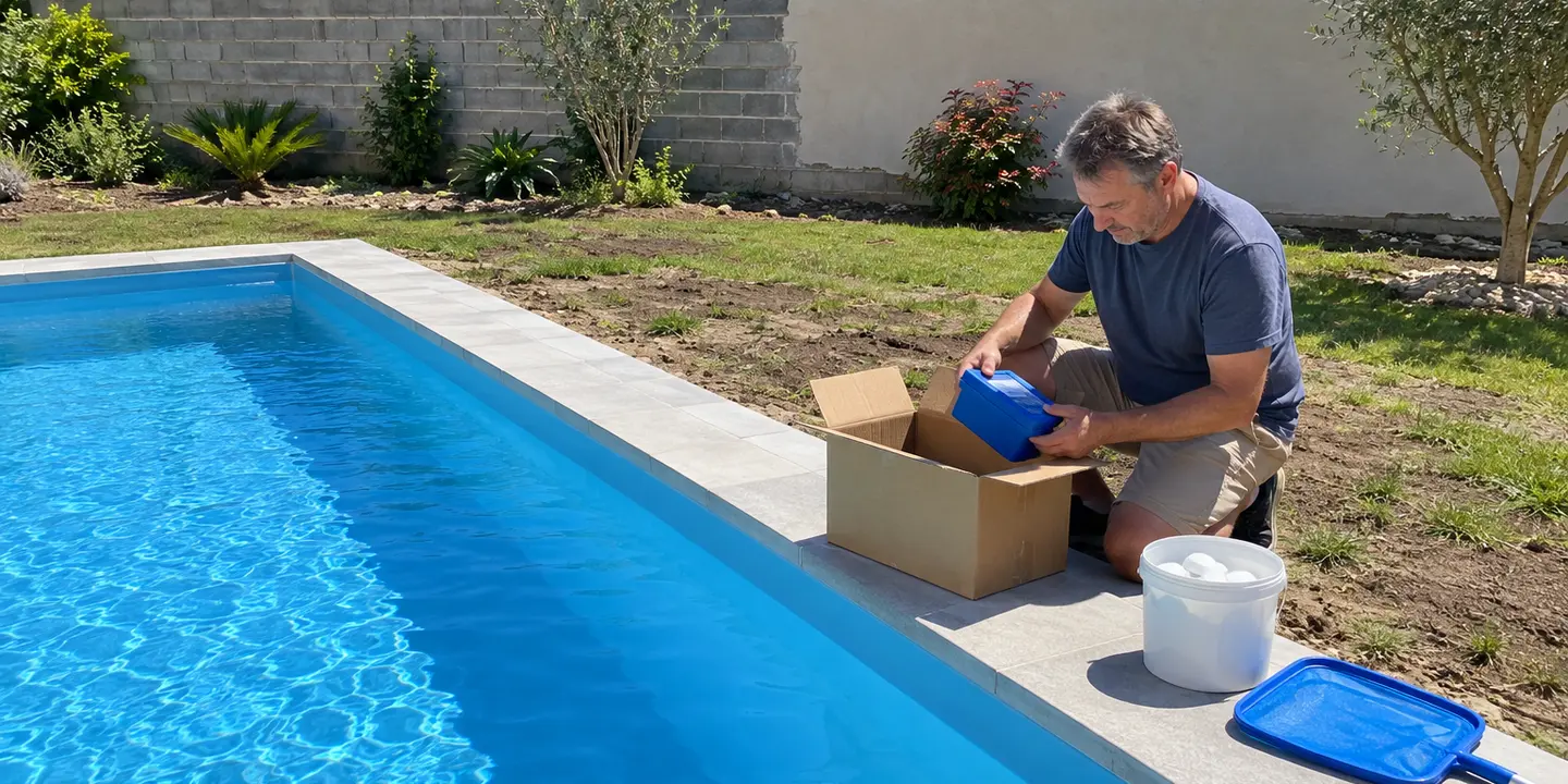 Un propriétaire sort une trousse d'analyse d'un carton au bord de sa piscine neuve
