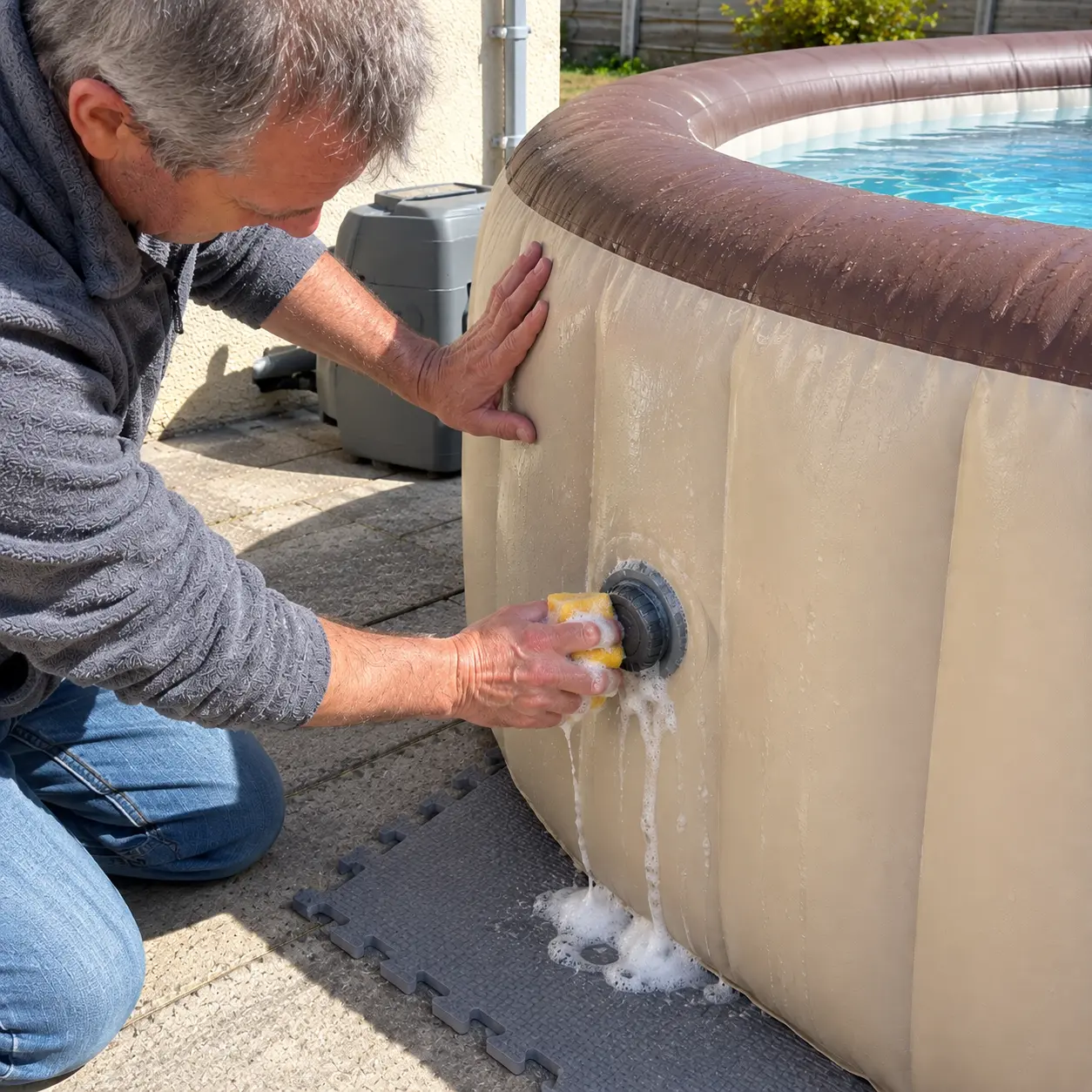 L'eau savonneuse fait des bulles à la base de la valve du spa