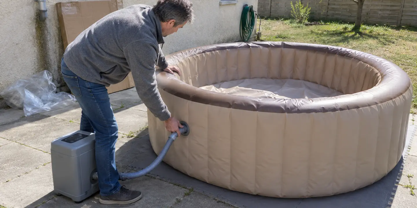 Un homme branche le tuyau de gonflage du bloc sur la valve d'un spa gonflable