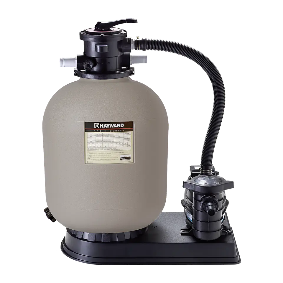Groupe de filtration à sable Hayward PowerFlo 8 m³/h, cuve et pompe sur leur socle, vue de trois quarts