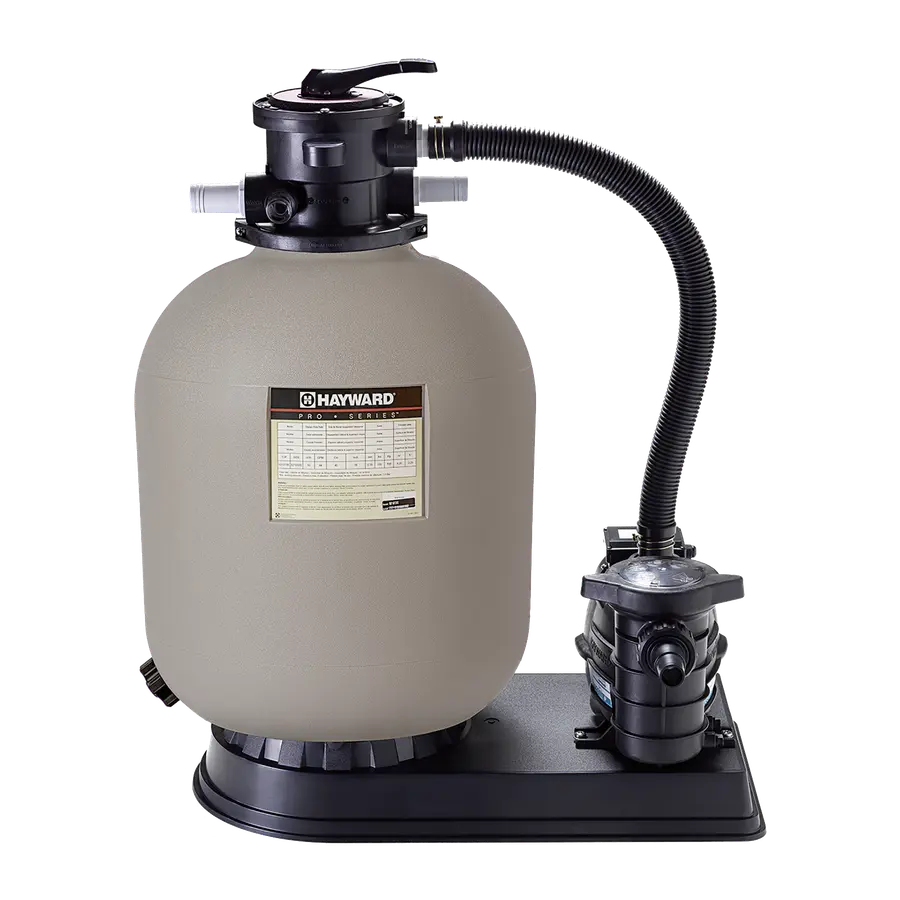 Groupe de filtration à sable Hayward PowerFlo 8 m³/h, cuve et pompe sur leur socle, vue de trois quarts