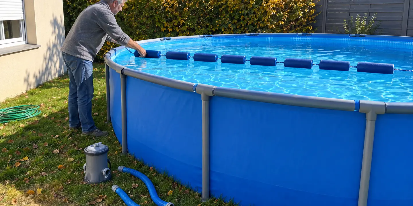 Un propriétaire pose des flotteurs d'hivernage sur l'eau de sa piscine tubulaire
