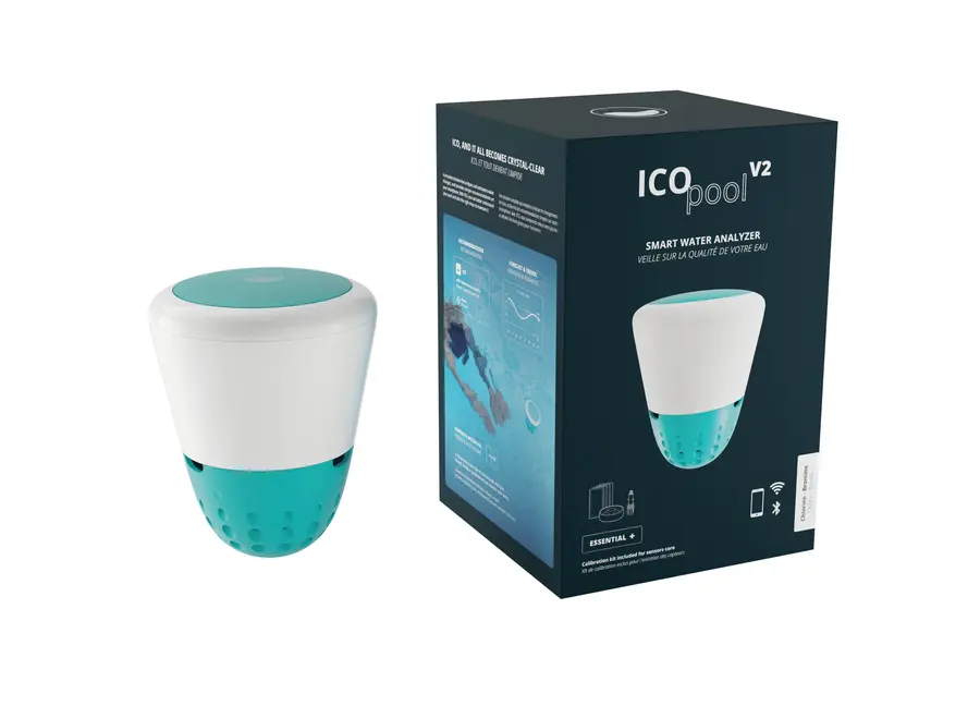 Analyseur d'eau connecté Ondilo ICO Pool V2 Chlore/Brome Essential+, vue de trois quarts avec sa boîte