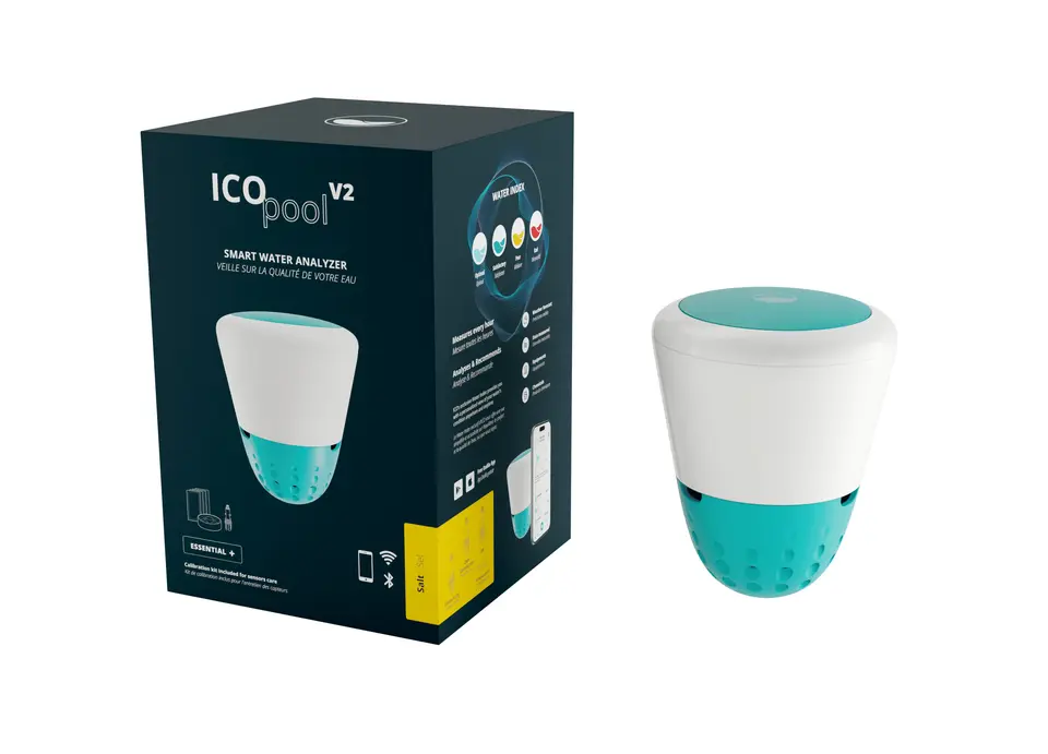 Analyseur d'eau connecté Ondilo ICO Pool V2 Essential+ Sel, vue de trois quarts avec sa boîte