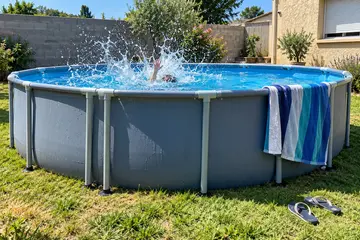 Une piscine tubulaire ronde sur la pelouse, une grande gerbe d'eau jaillit au-dessus du bord