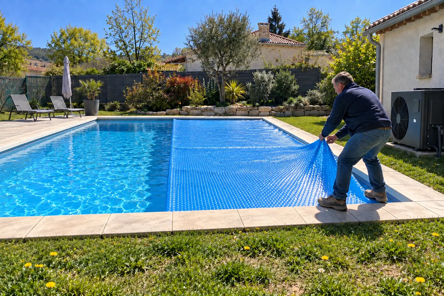Un homme tire une bâche à bulles bleue sur l'eau de sa piscine