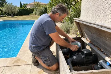 Un propriétaire agenouillé ouvre le préfiltre de sa pompe, dans le coffre en bois au bord de la piscine
