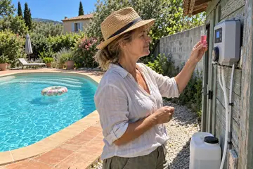 Une propriétaire compare un tube de test au régulateur de pH fixé sur l'abri de la piscine