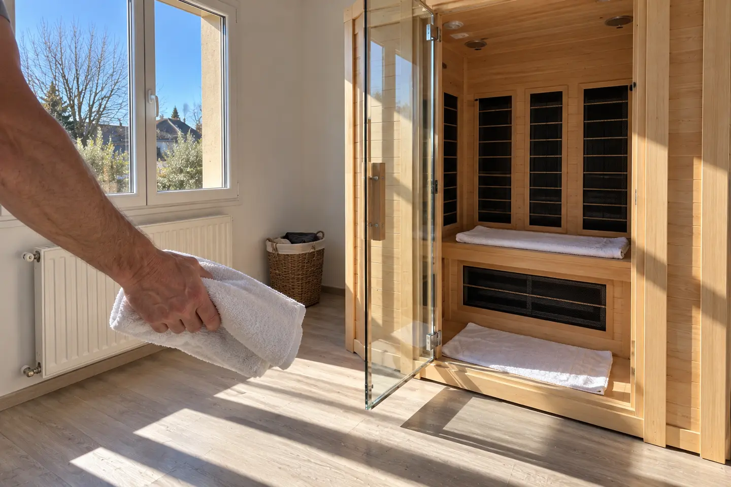 Une cabine infrarouge porte ouverte, une serviette sur le banc et une au sol