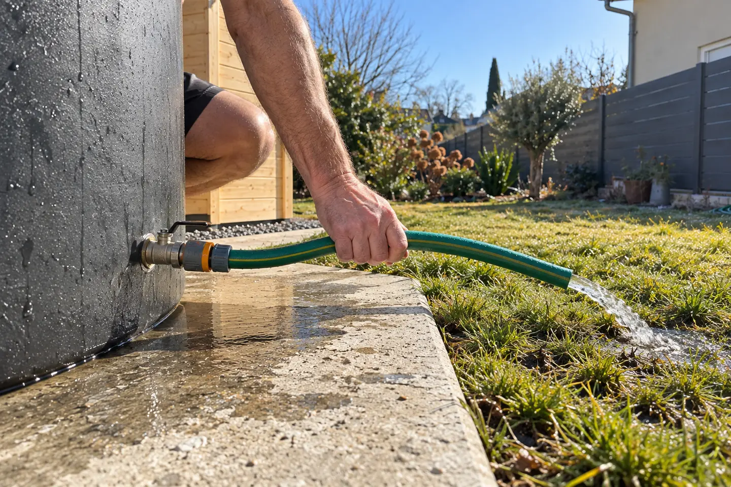 Le robinet de vidange d'une cuve de bain froid, un tuyau emmenant l'eau vers la pelouse