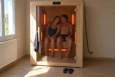 Un couple épaule contre épaule dans une cabine infrarouge, la porte fermée, les tubes allumés
