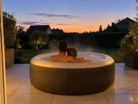 Un couple de dos dans un spa gonflable rond qui fume, le soir