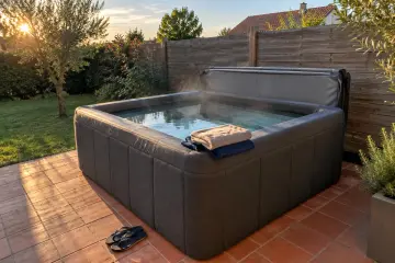 Un spa semi-rigide carré aux parois grises, deux serviettes sur le rebord, l'eau qui fume