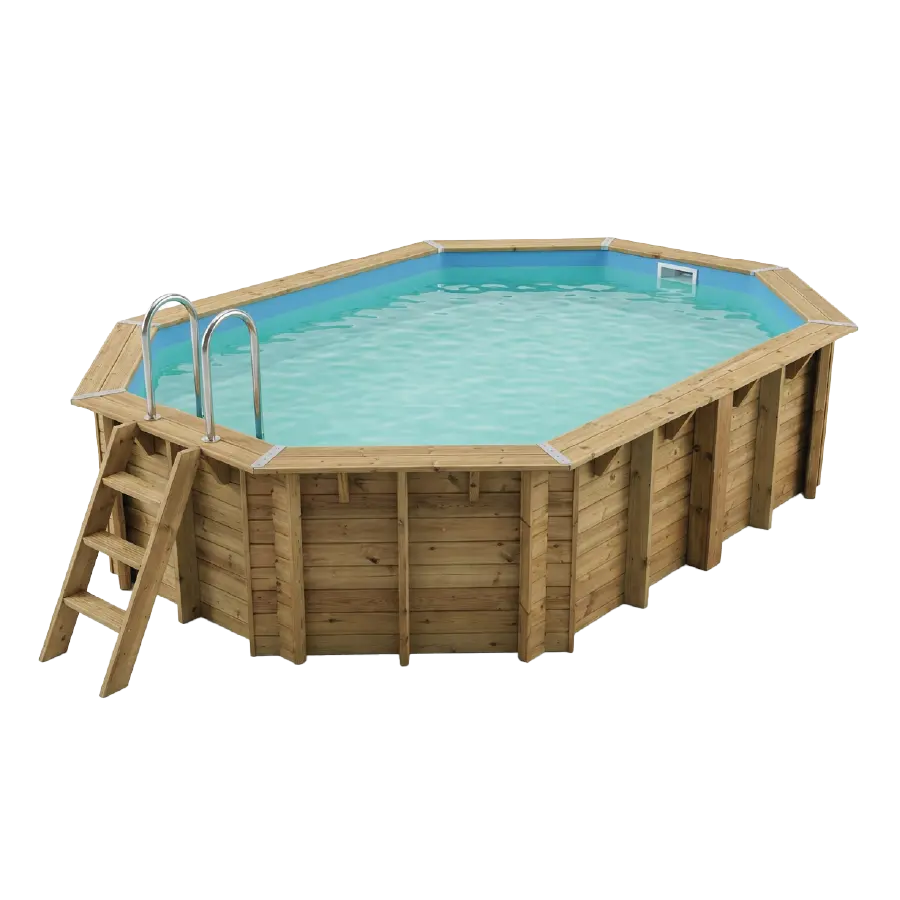 Piscine bois octogonale allongée Ubbink Azura 4,90 × 3,55, vue de trois quarts