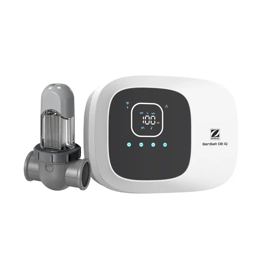 Électrolyseur au sel Zodiac GenSalt OE iQ pH 12 Evo, vue de trois quarts