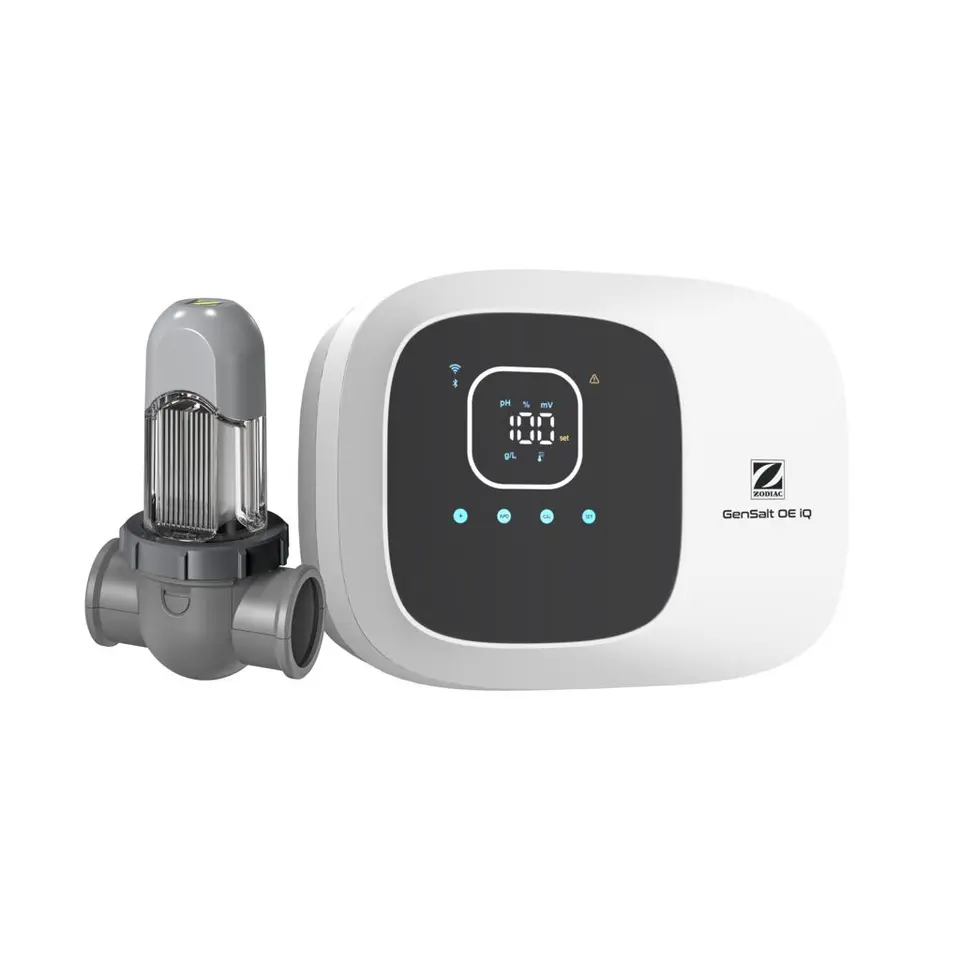 Électrolyseur au sel Zodiac GenSalt OE iQ pH 12 Evo, vue de trois quarts